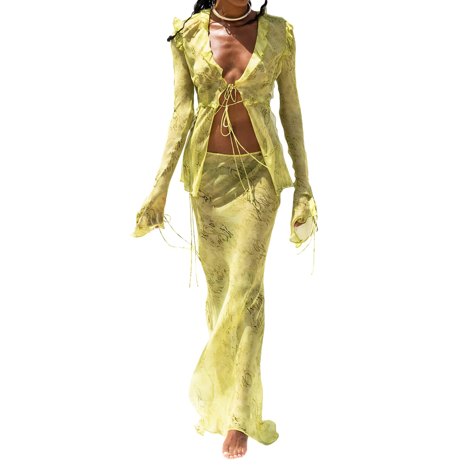 Women Sexy Y2K Maxi Skirt Set Strapless Bodycon Lace Tube Top See Through 2 Piece Outfits Summer Party Wear Dress