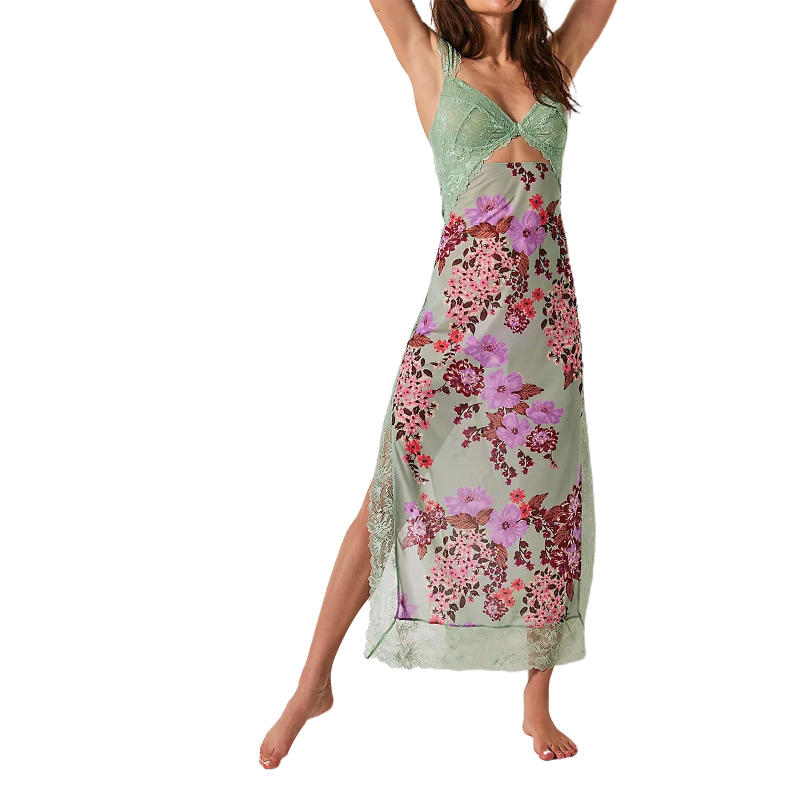 Women Sleeveless Maxi Dress Backless Bodycon Floral Printed Spaghetti Strap Long Dress Sheer Mesh Summer One-Piece