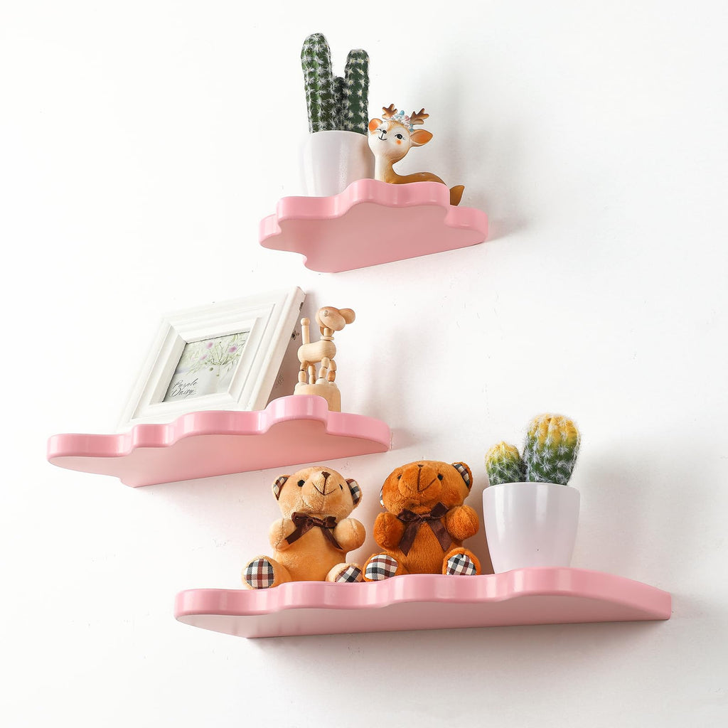 Set of 3 Wavy Cloud Floating Shelves â€?Funky Kawaii Danish Wall Decor for Bedroom & Bathroom (Pink, Green, Purple)