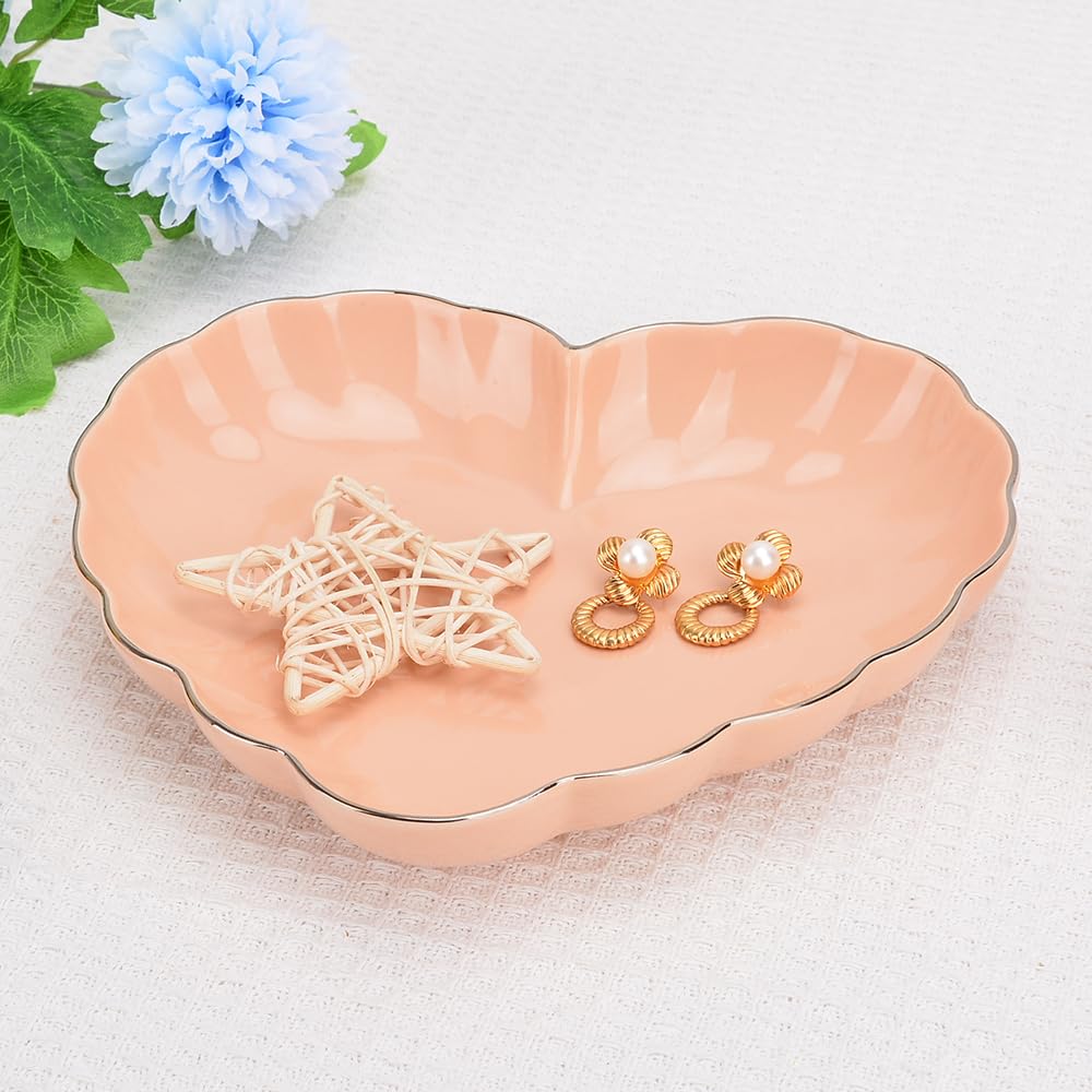 Porcelain Serving Dish, Heart Shape Candy Bowls, Ceramics Flower Relish Tray with Metallic Rim