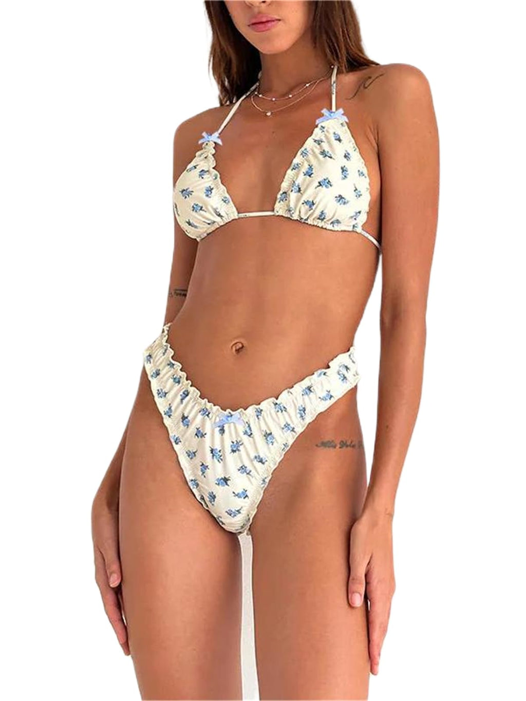 Women Y2k Bikinis Sets Coquette Aesthetic Bows Halter Tie Up Bikini Top High Cut Elastic Waist Bikini Bottom