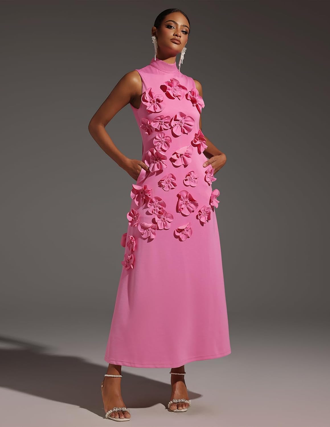 Pink 3D Flower Garden Party Dress Sleeveless Elegant Dress Maxi Bodycon Dress High Neck Pleated Dress for Women