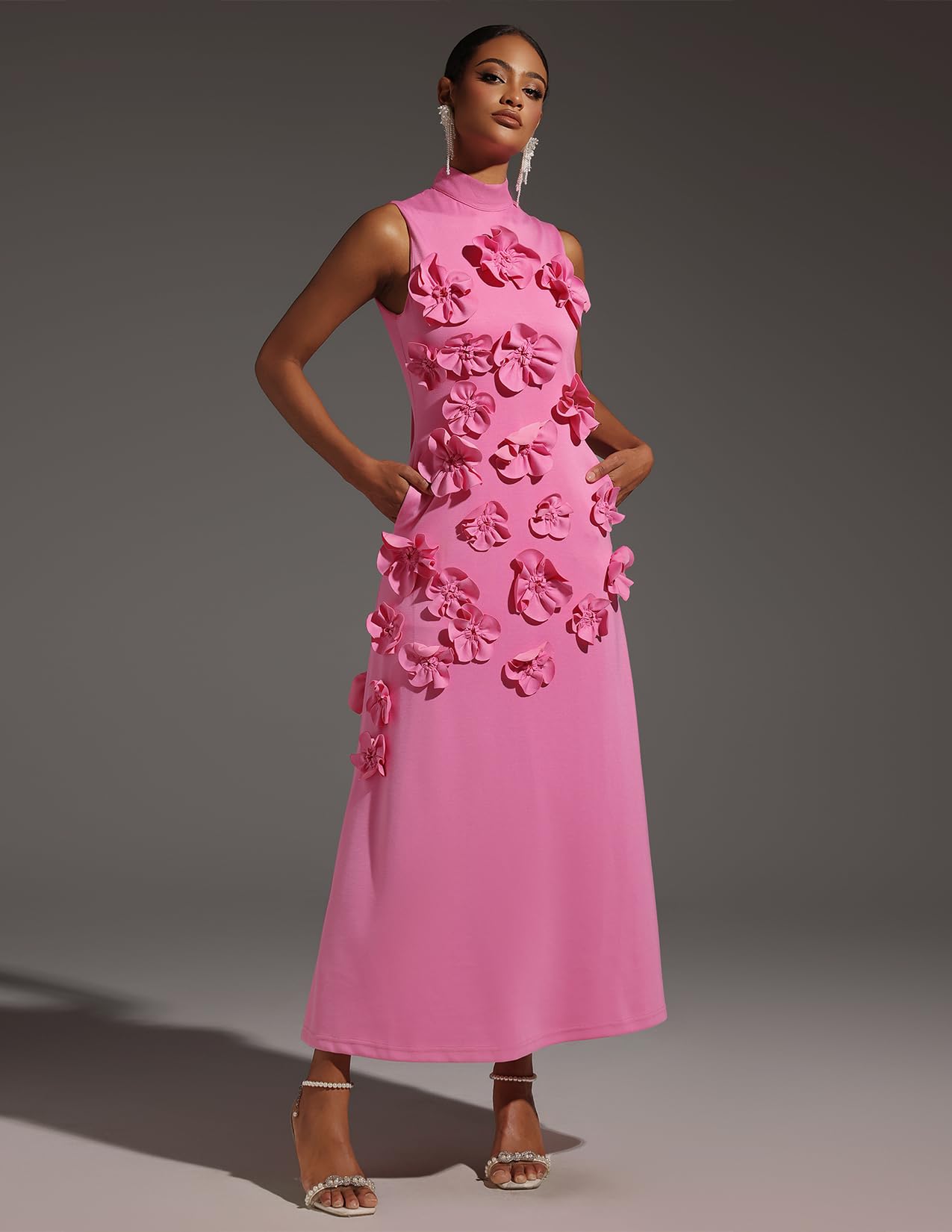 Pink 3D Flower Garden Party Dress Sleeveless Elegant Dress Maxi Bodycon Dress High Neck Pleated Dress for Women