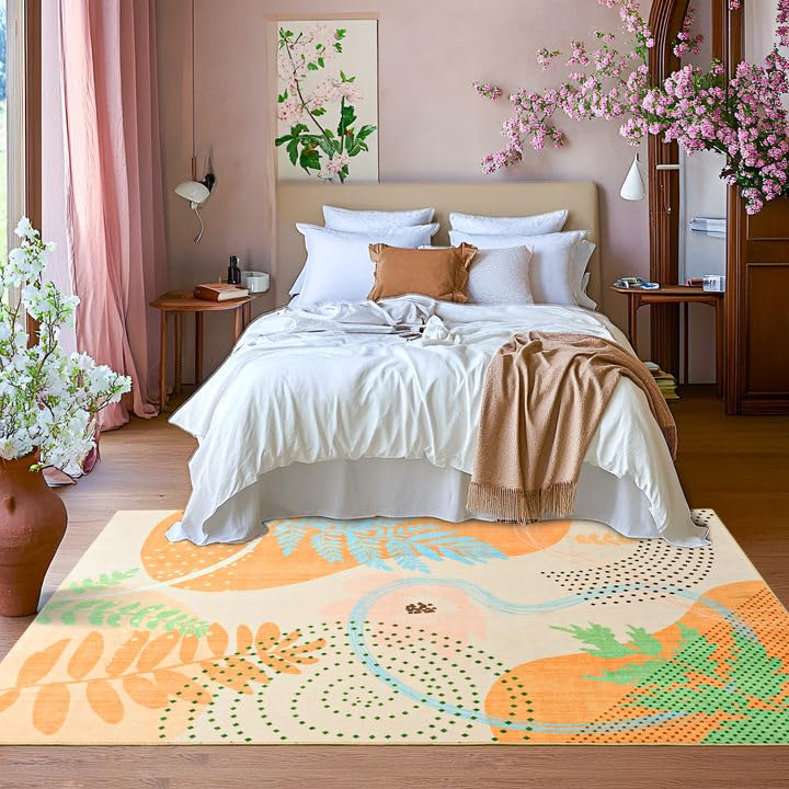 Faux Wool Boho Floral Area Rug Abstract Print Soft Carpet, TPR Non-Slip Backing, Machine Washable Low Pile Rug