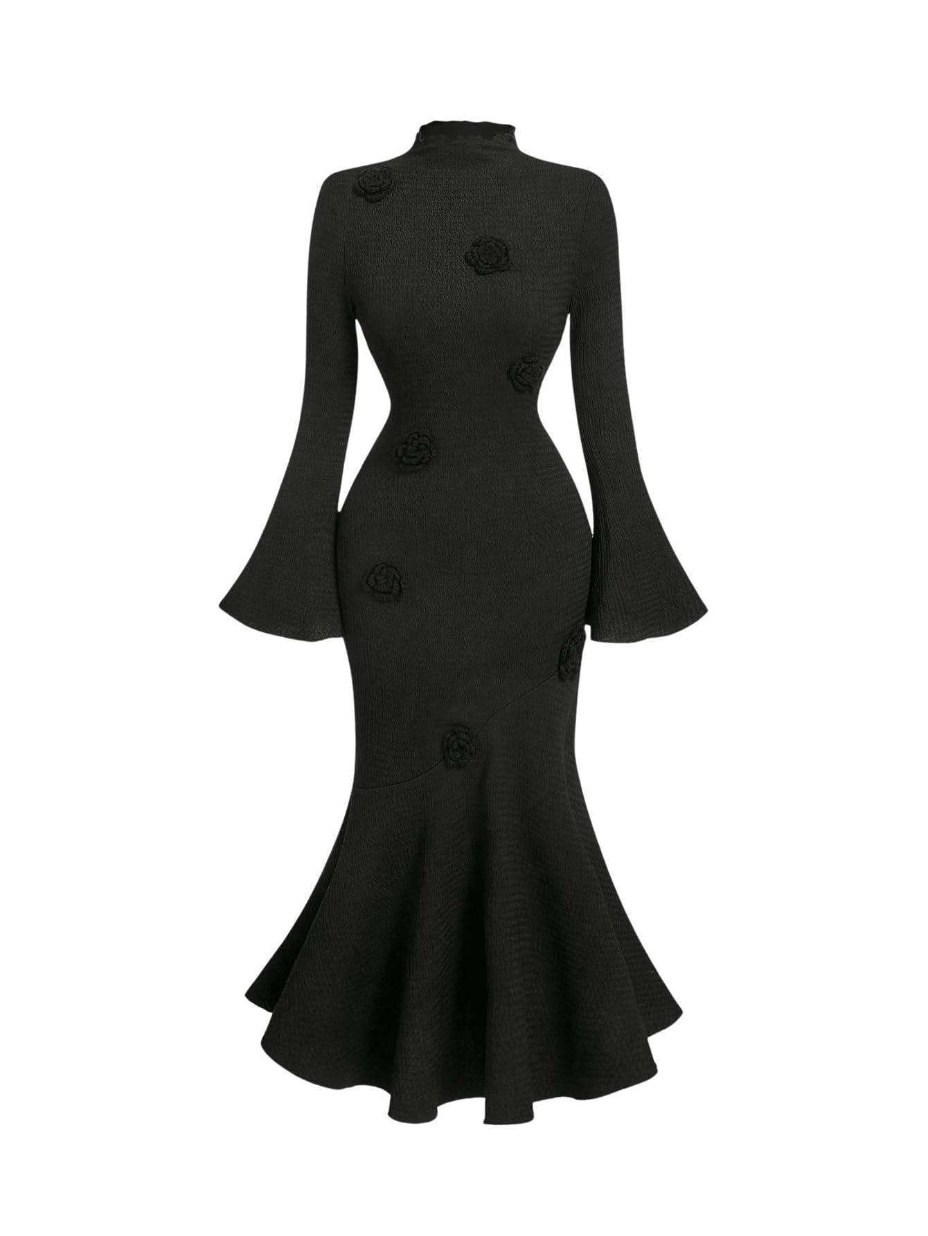 Women's 3D Floral Bell Sleeve Mock Neck Midi Dress Ruffle Hem Bodycon Wedding Guest Dresses