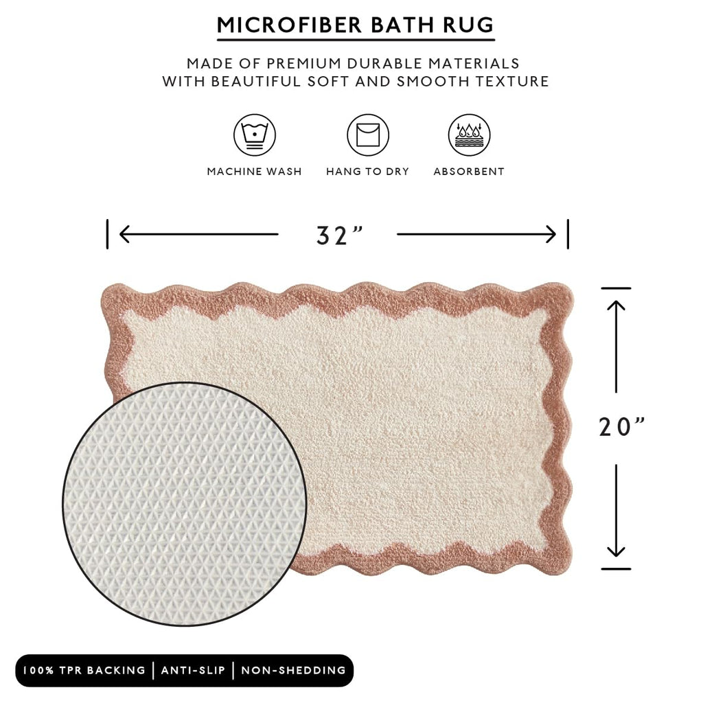 Wavy Bath Mat with Scalloped Ripple Design, Microfiber Absorbent Non Slip Tufted Rug