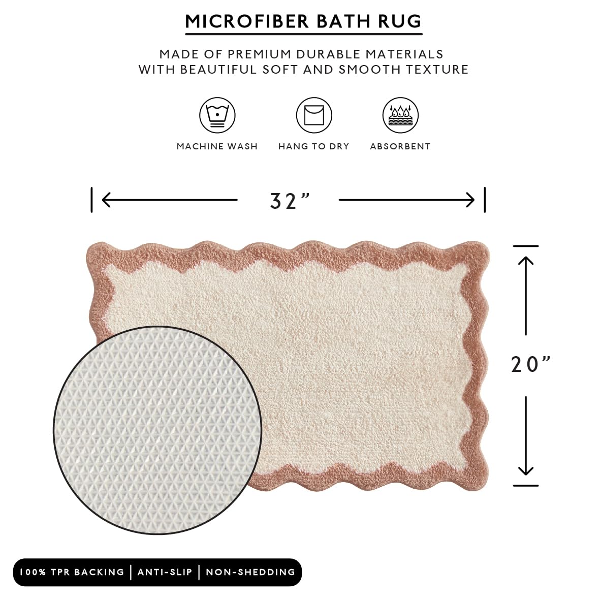 Wavy Bath Mat with Scalloped Ripple Design, Microfiber Absorbent Non Slip Tufted Rug