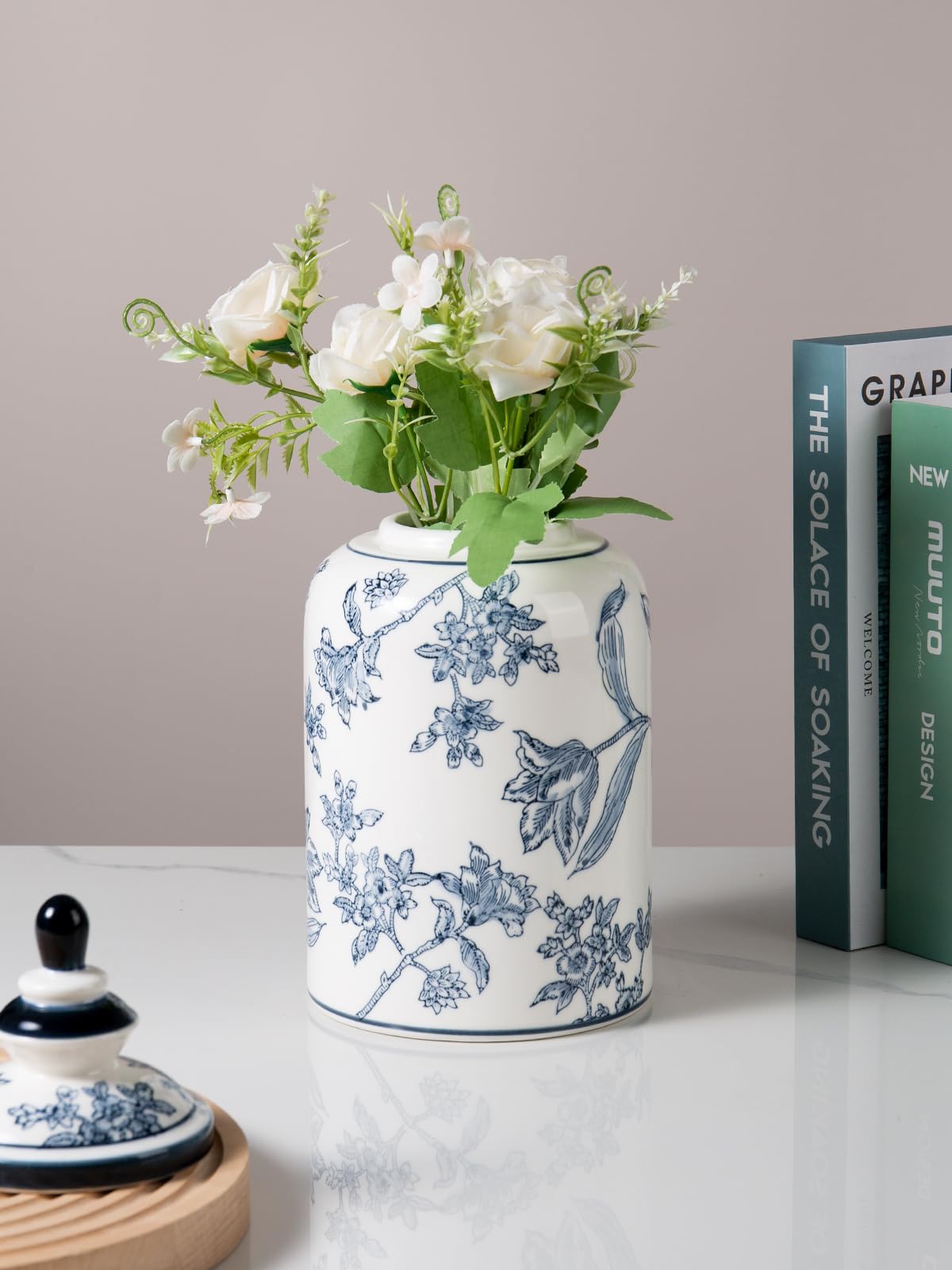 Chinoiserie Blue and White Jar Vase Decor, Ceramic Decorative Jars with Lid, 12x6 Inch, Flowers and Branches