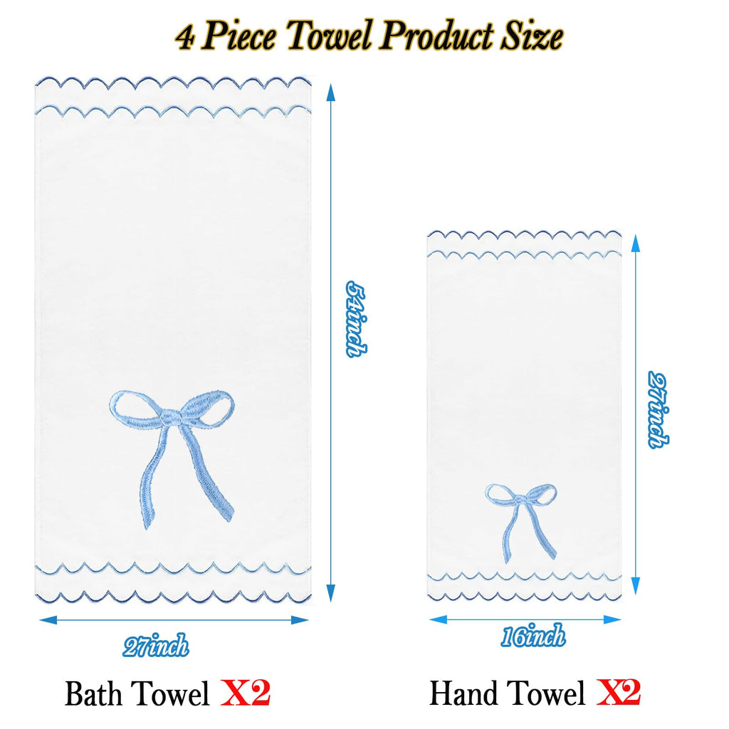 Cute 4 Set Coquette Bow Bath Towels Set 2 Bath Towels 2 Hand Towels Soft Embroidered Preppy Decorative Scalloped Towels for Bathroom