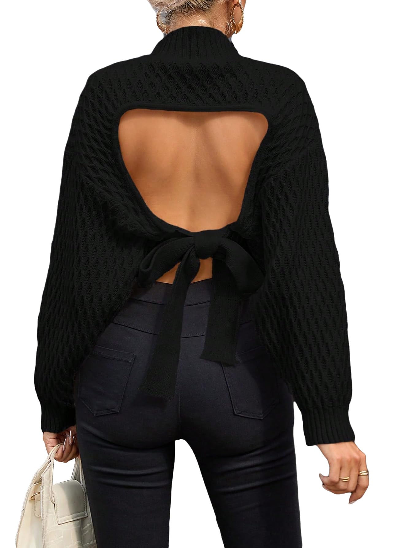 Women's Bow Open Back Sweater Top Trendy Long Sleeve Backless Drop Shoulder Mock Neck Cable Knit Sweaters
