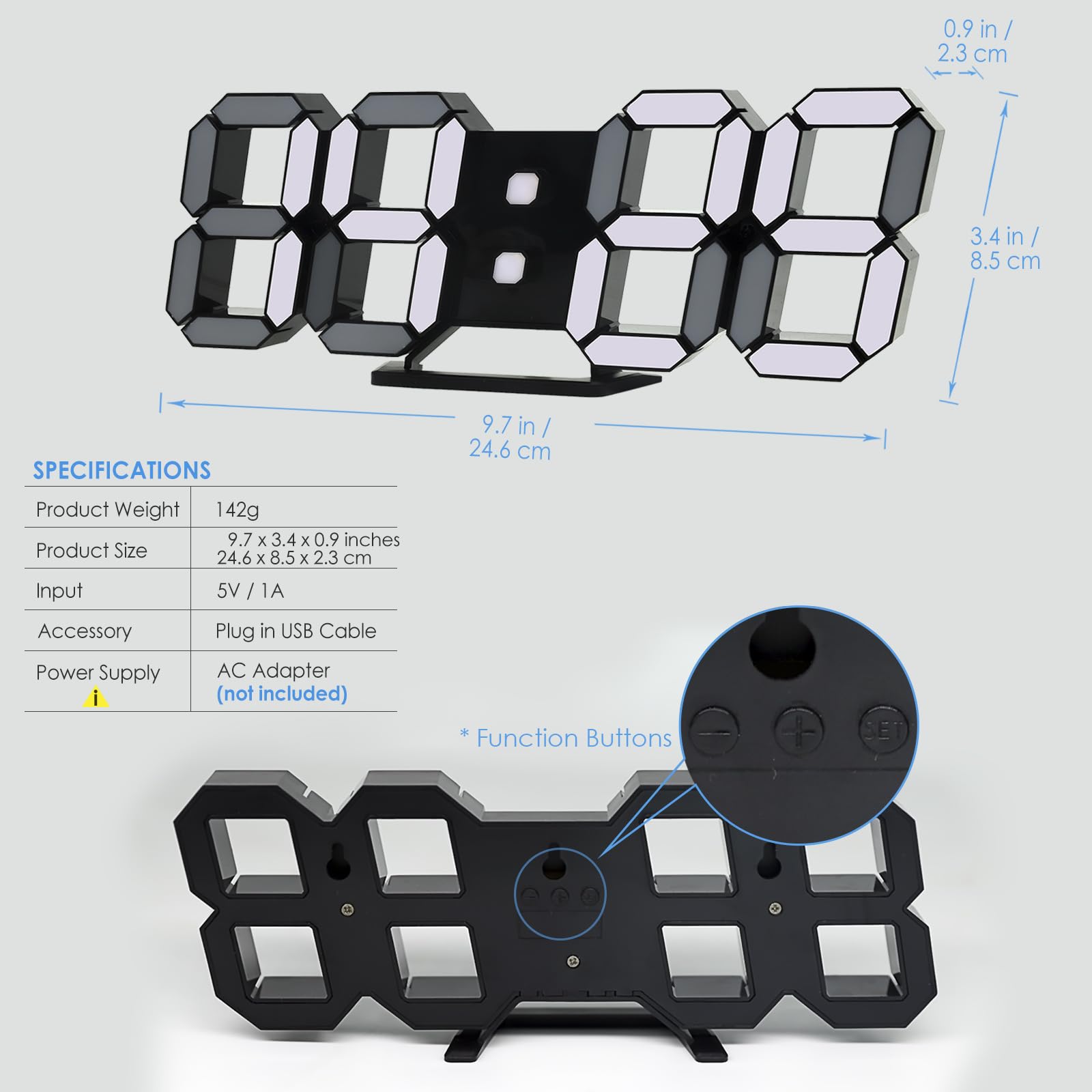 LED 3D Wall Clock 9.7" Clock with Remote/Dimming/12/24H/Temp/Alarm Clock/Date