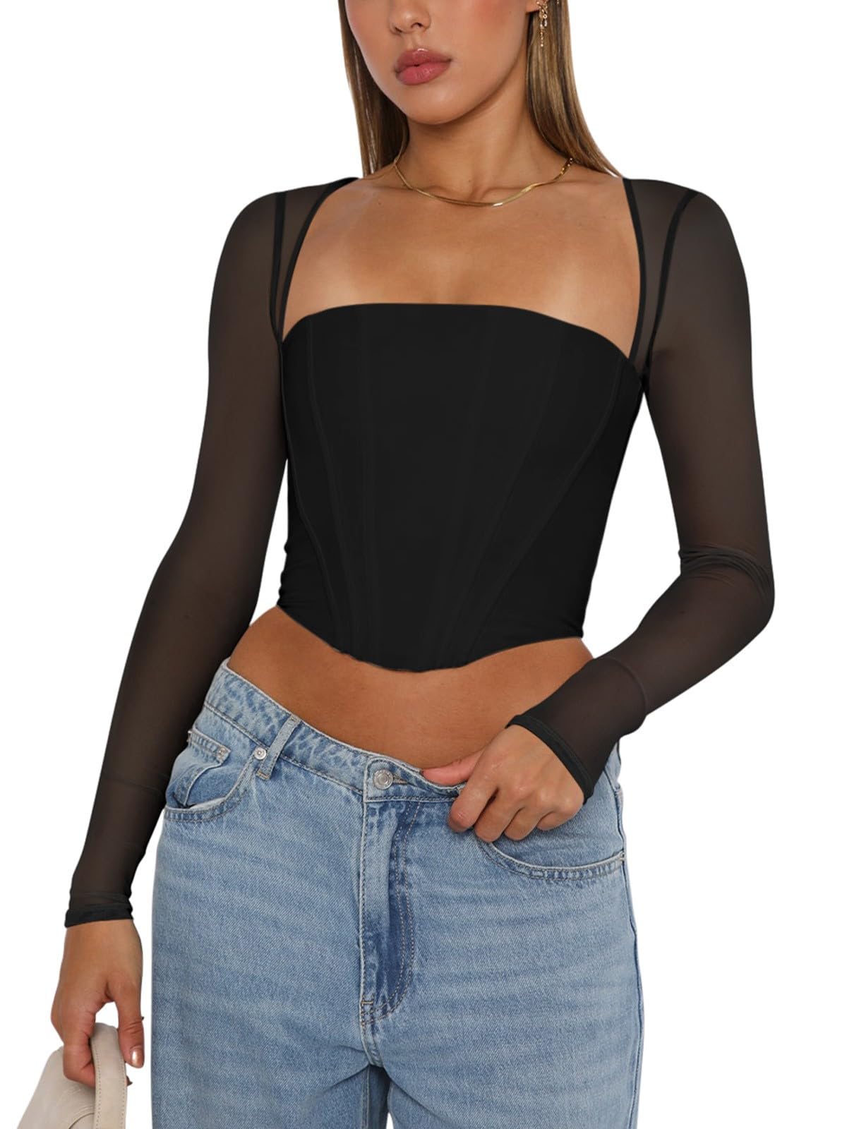 Women's Sexy Sheer Long-Sleeve Corset â€?Y2K Square Neck, Cropped Party Top