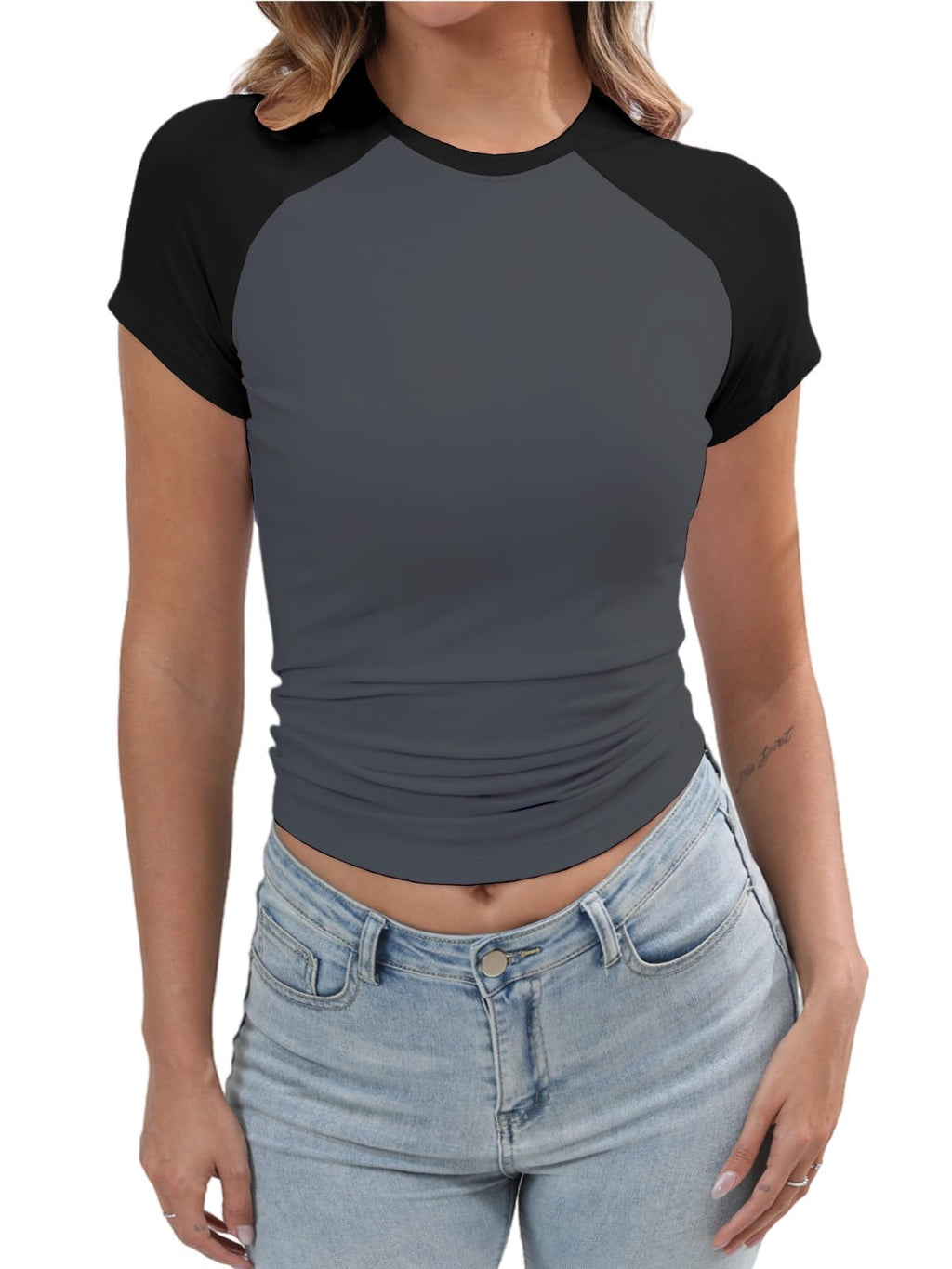 Women's Y2K Basic Shirts Short Sleeve Crewneck Slim Fit Stretchy Slightly Crop Top