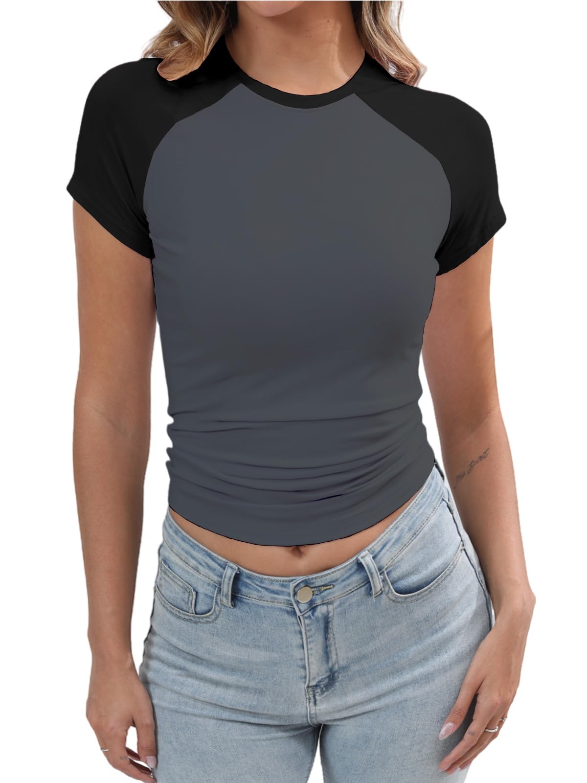 Women's Y2K Basic Shirts Short Sleeve Crewneck Slim Fit Stretchy Slightly Crop Top