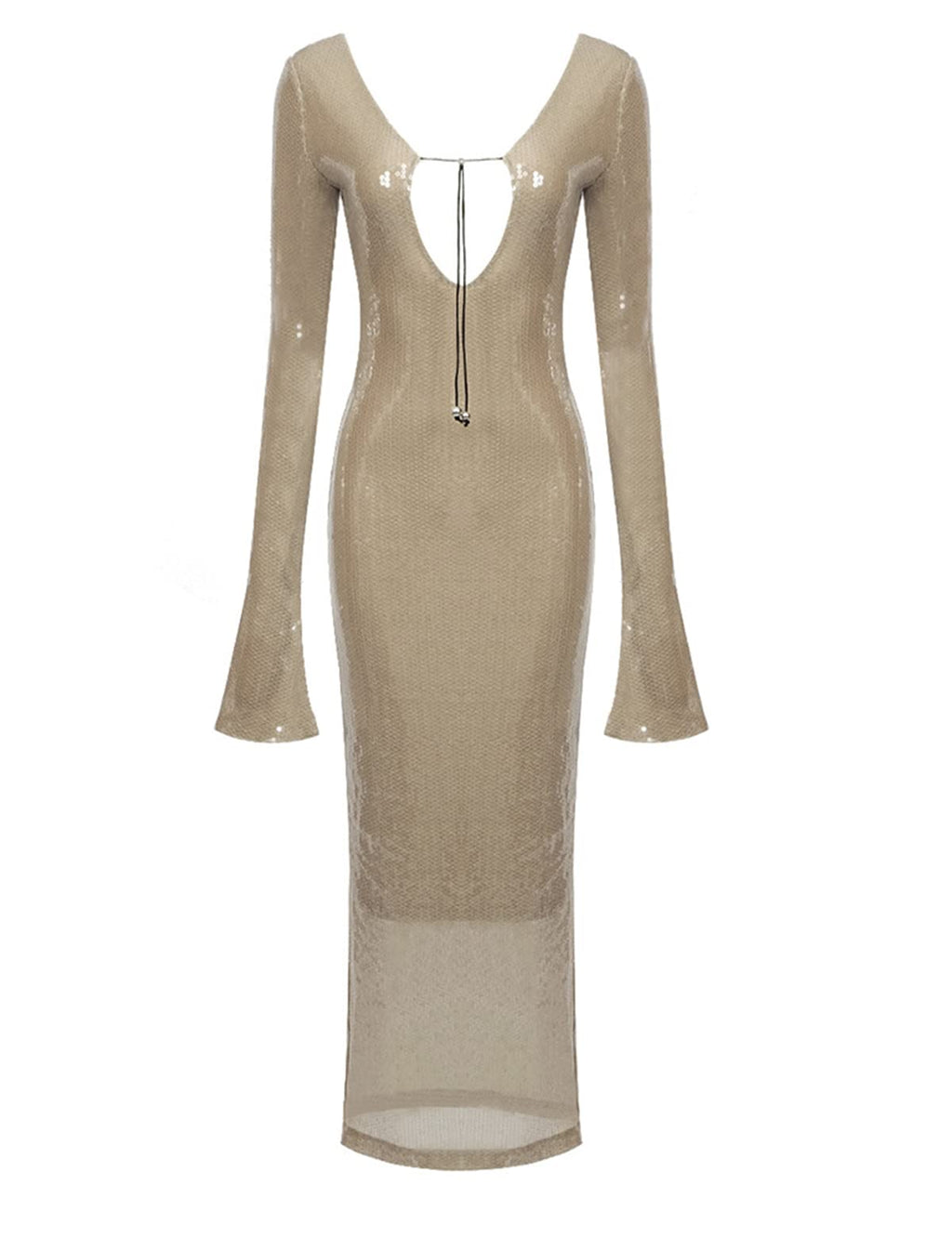 Deep V Dress with Drawstring Long Sleeve Sequin Dress for Women Long Gown