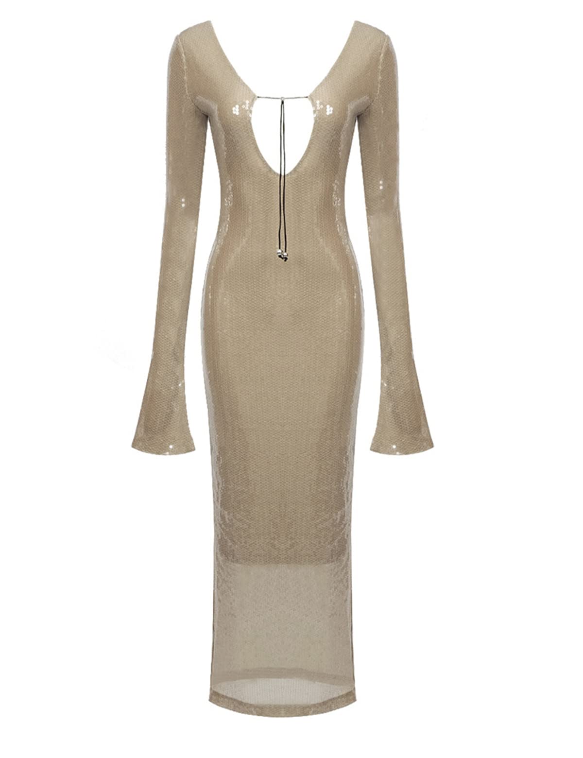 Deep V Dress with Drawstring Long Sleeve Sequin Dress for Women Long Gown