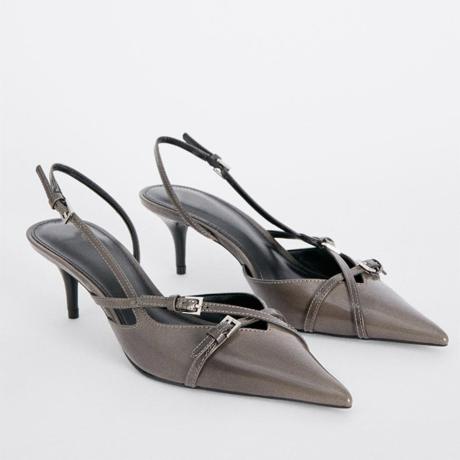 Slingback Kitten Heels Pointed Toe Stiletto Heels Slip On Pumps with Buckled Straps Dress Work Heeled Sandals