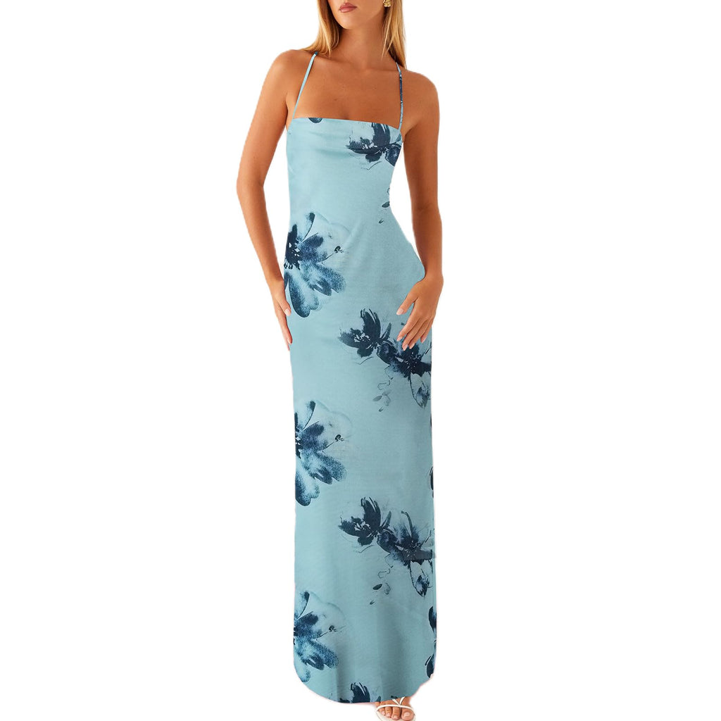 Women Floral Slip Dress Spaghetti Strap Maxi Dress Backless Slim Fit Long Dresses Flowers Print Going Out Dress