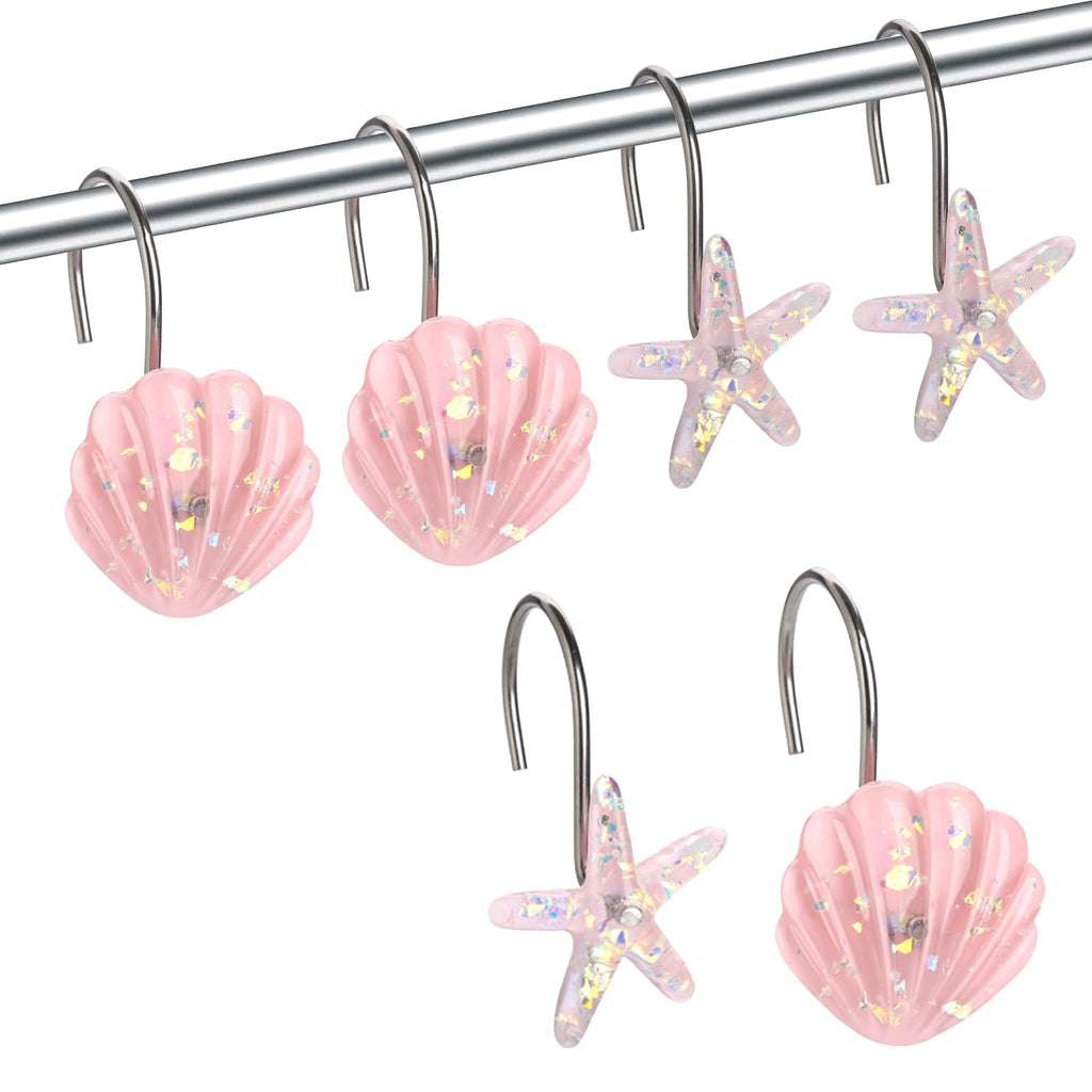 Seashell Shower Curtain Hooks, 12PCS Stainless Steel Anti Rust Starfish and Seashell Decorative Shower Hooks Ocean Theme Shower Curtain Hooks for Home Bathroom