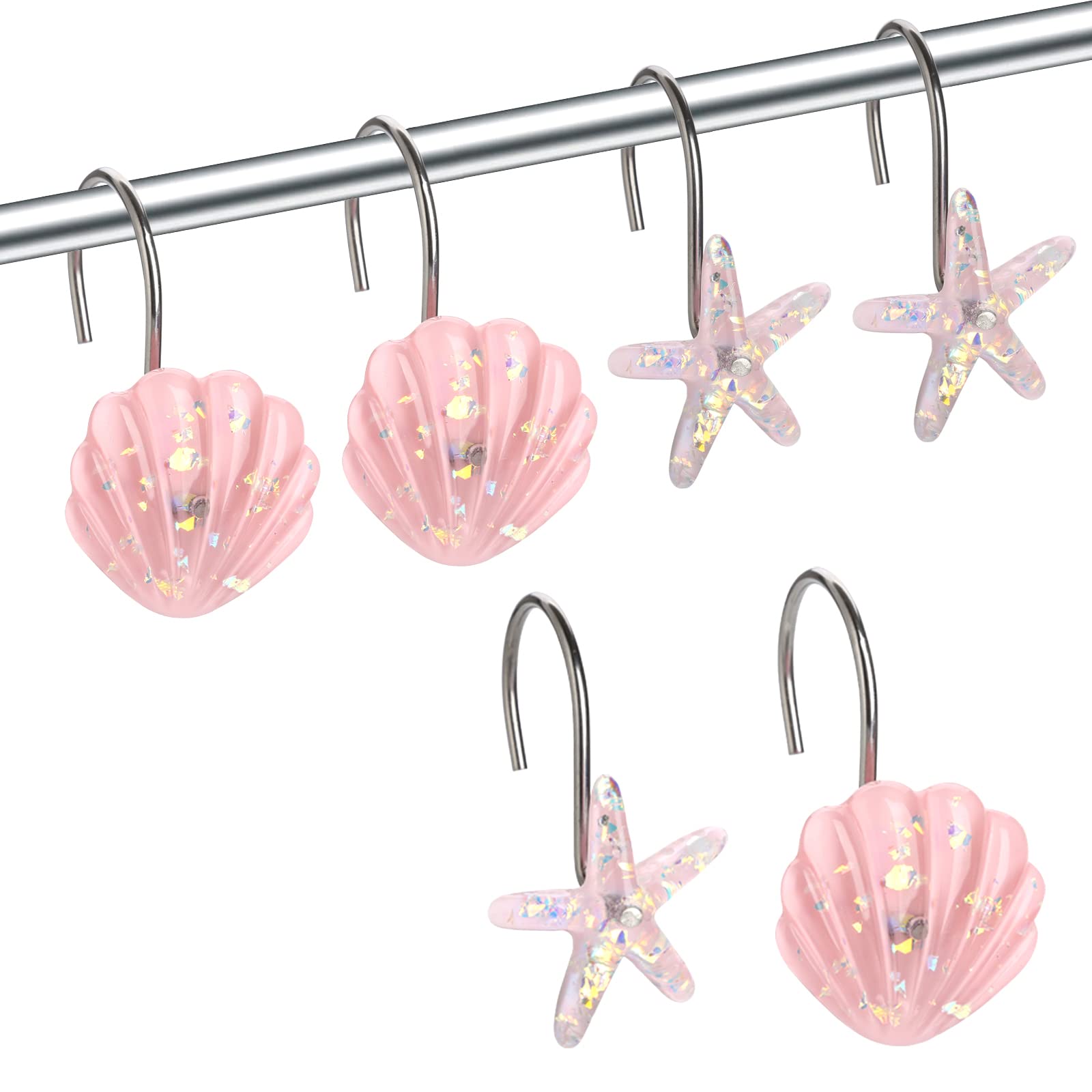 Seashell Shower Curtain Hooks, 12PCS Stainless Steel Anti Rust Starfish and Seashell Decorative Shower Hooks Ocean Theme Shower Curtain Hooks for Home Bathroom