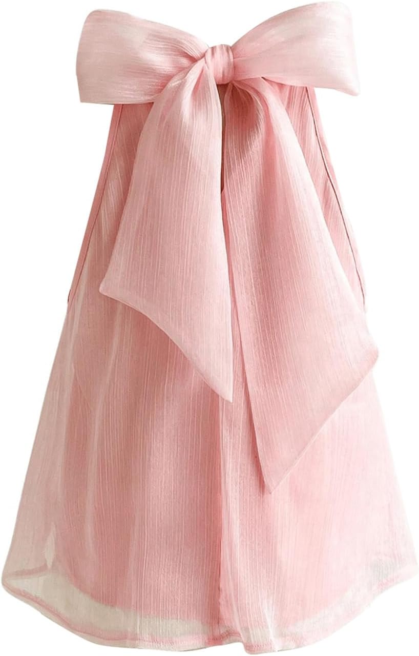 Women's Bow Knot Mesh Sheer Blouse Sleeveless Halter Flared Hem Cute Summer Top