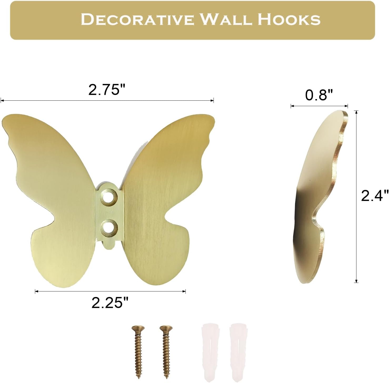 Wall Hooks Decorative, Small Modern Gold Brass Hook, Butterfly Bath Towel Hook, Coat Hat Robe Hooks for Girl's Bedroom, Stainless Steel, Wall Mounted, 2 pcs