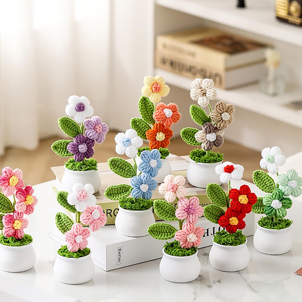 Knitting Crochet Puff Flowers Potted Plants, Gradient Colorful Flowers for Friends, Family and Lover, Handmade Flowers for Home Office Decoration