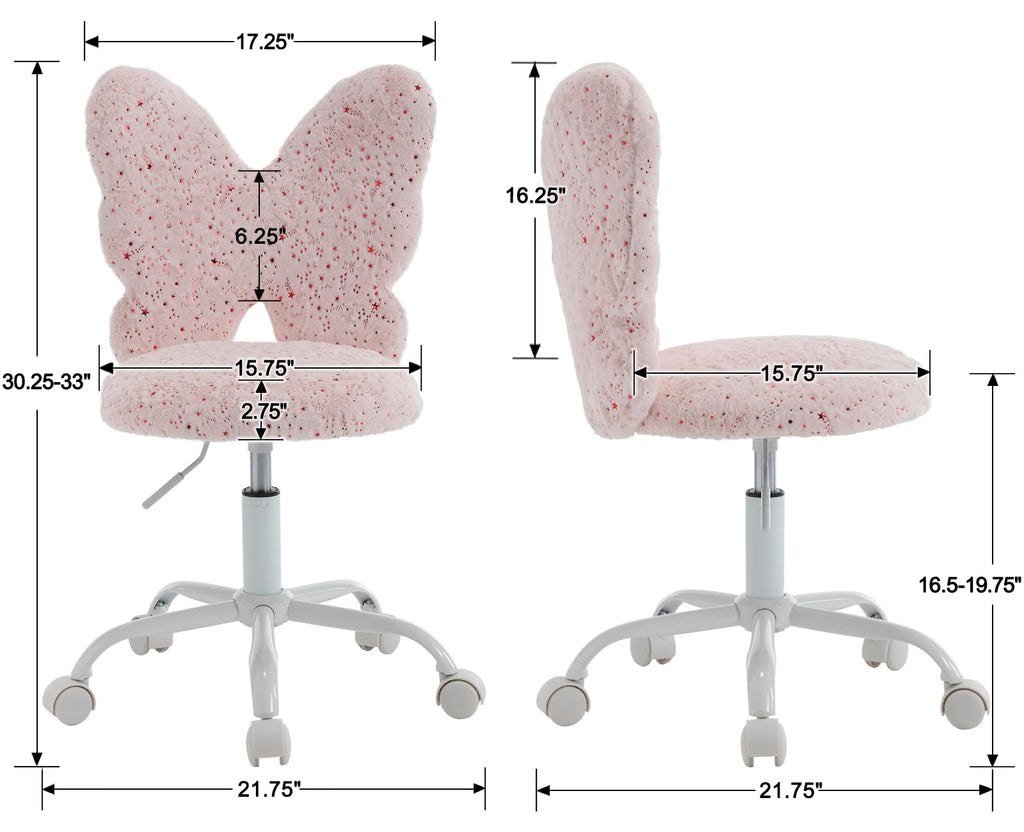Kids Desk Chair Butterfly Faux Fur Study Chair Adjustable Vanity Chair, Small Cute Student Task Chair with White Foot