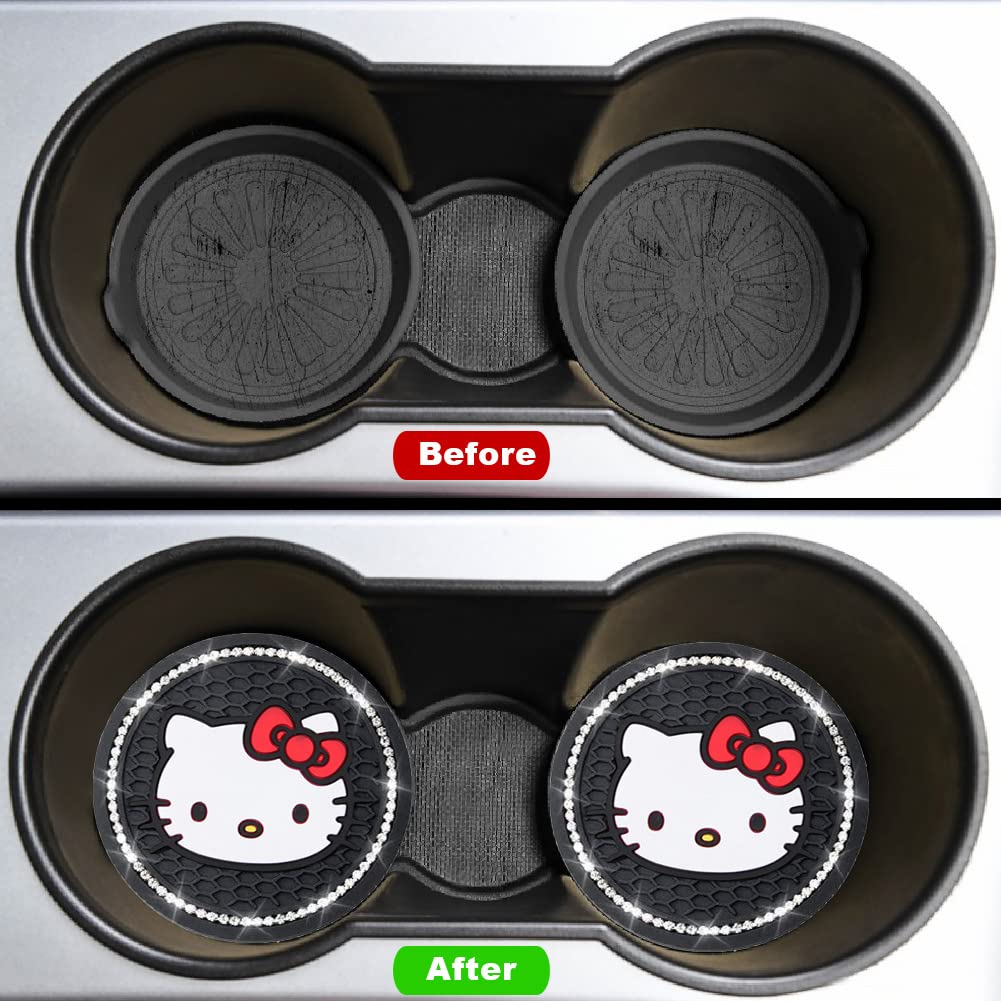 Cute Kitty Cup Holder Coasters, Black Silicone Anti-Slip Car Coasters, Cup Pads for Home Office, Universal 2.75 Inch 2PCS