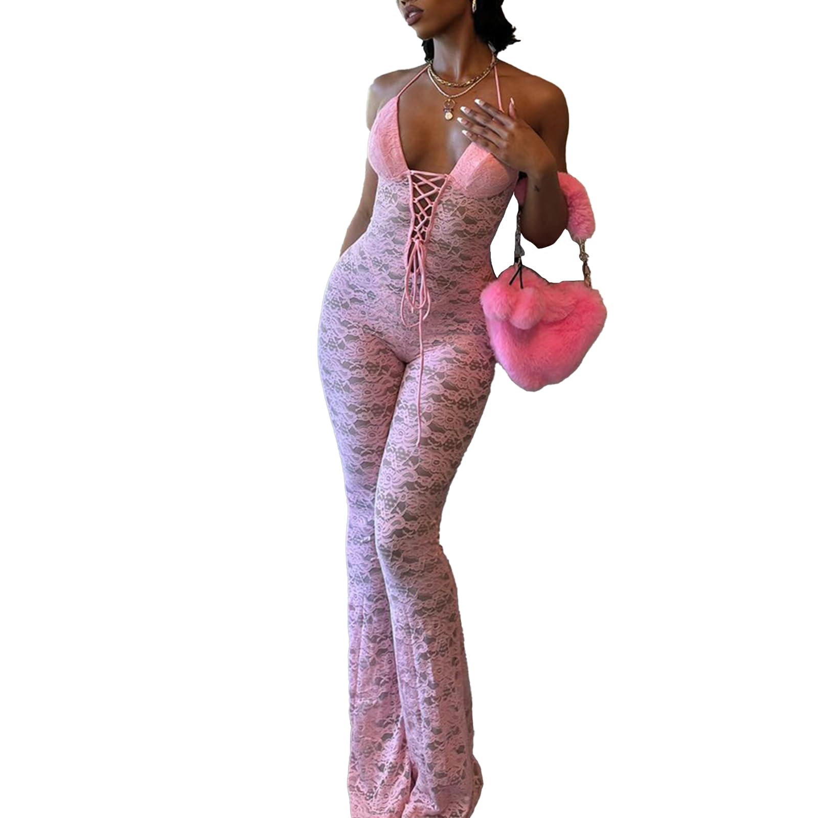 Women's Lace Jumpsuits Stretch See Through V Neck Drawstring Backless Flare Pants Rompers Sexy One Piece Outfits