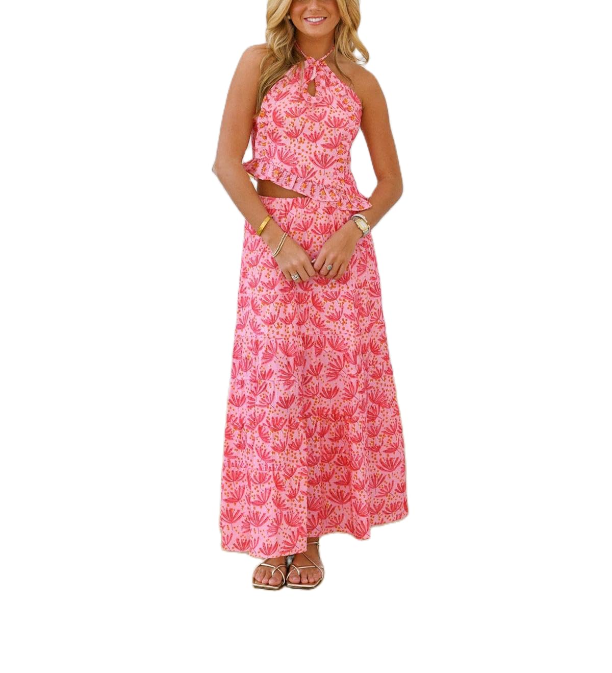 Womens 2 Piece Maxi Skirt Set Y2k Halter Ruched Cami Top Tiered Flowy Ruffle Skirt Outfit