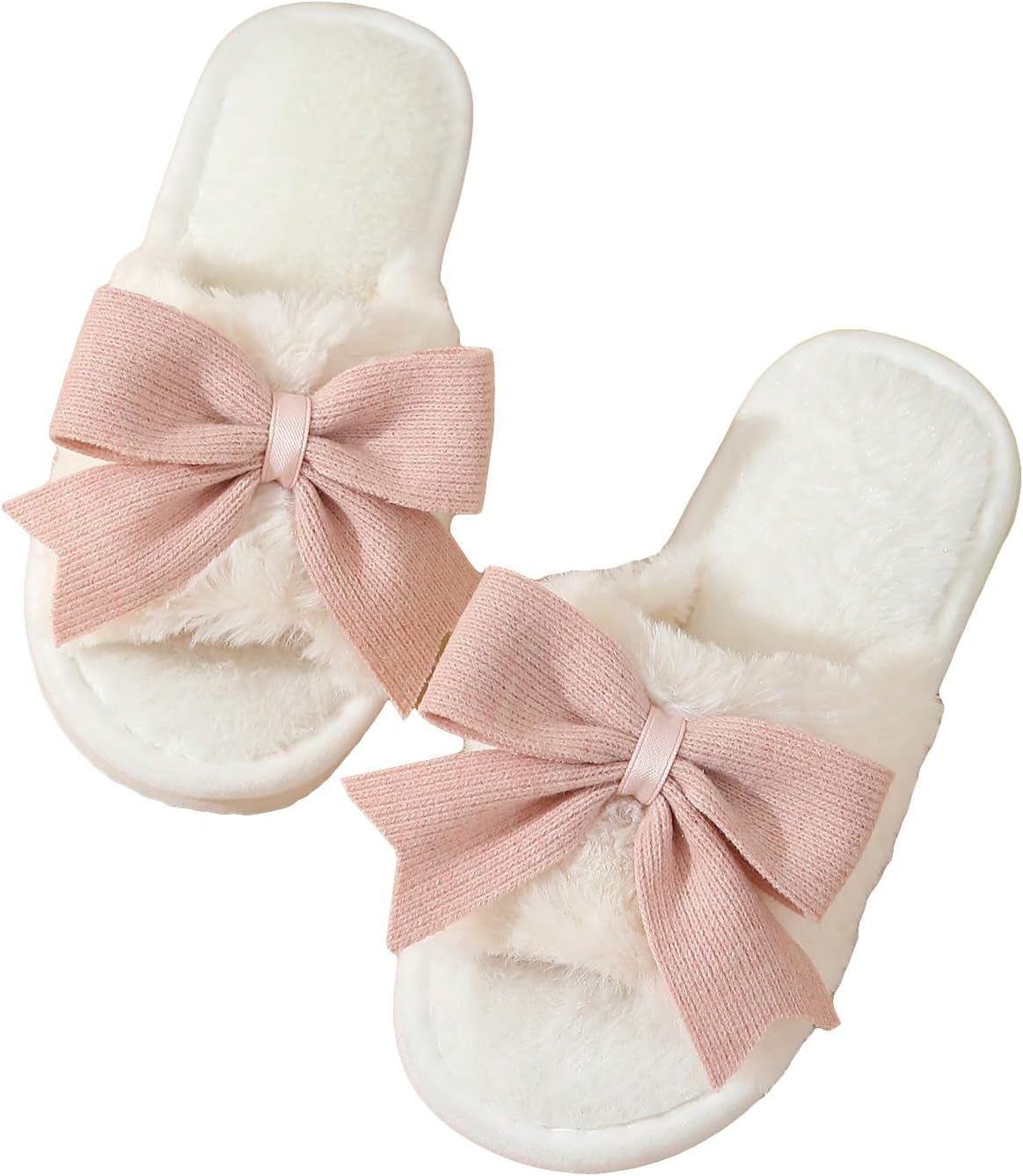 Women's Cute Bow Decor Fuzzy Open Toe Indoor Home Slippers Fashionable Warm Comfy Furry Outdoor Slippers