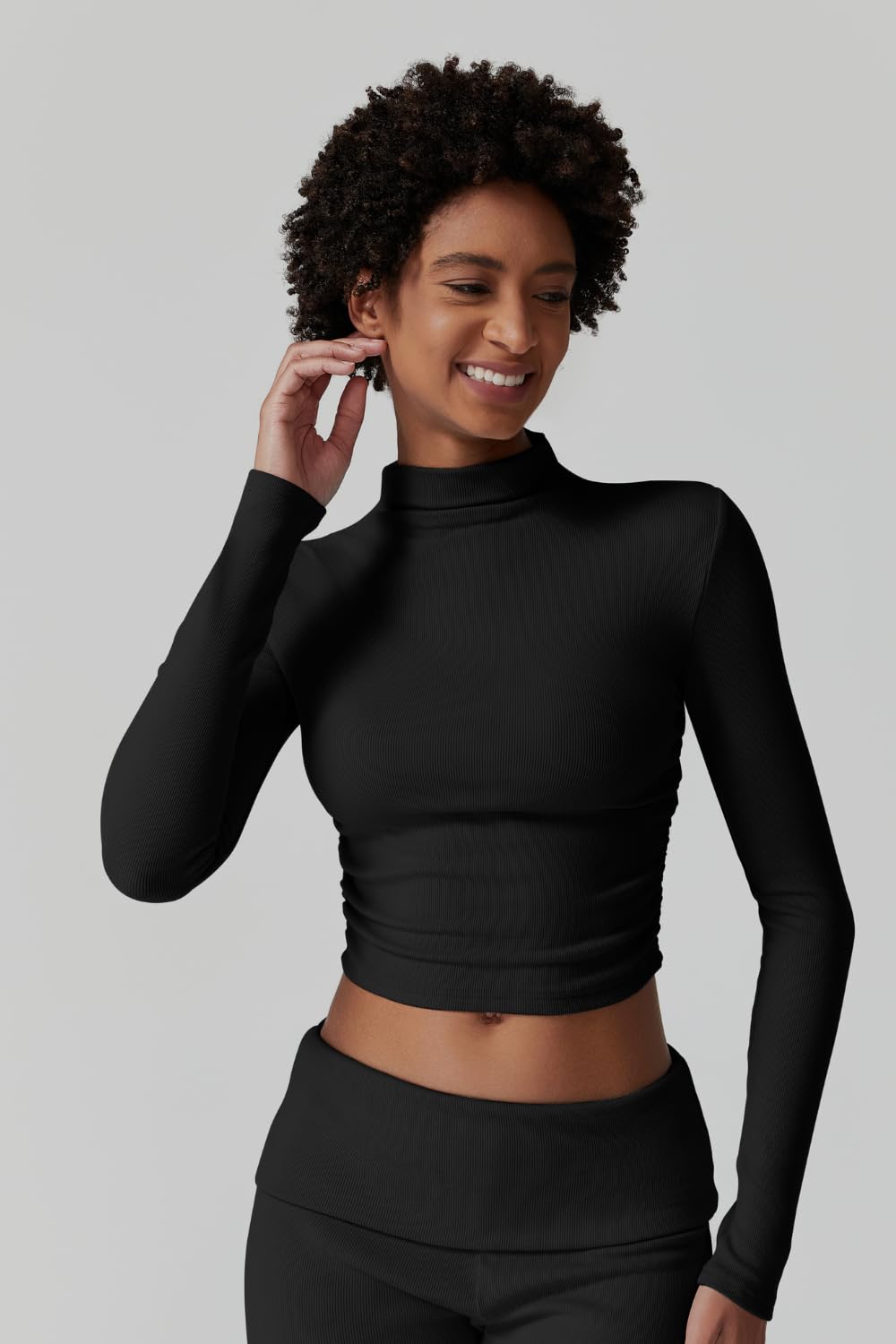 Womens 2 Piece Lounge Sets Mock Neck Long Sleeve Tops with Side Ruched Fold Over Flare Pants Comfy Tracksuits