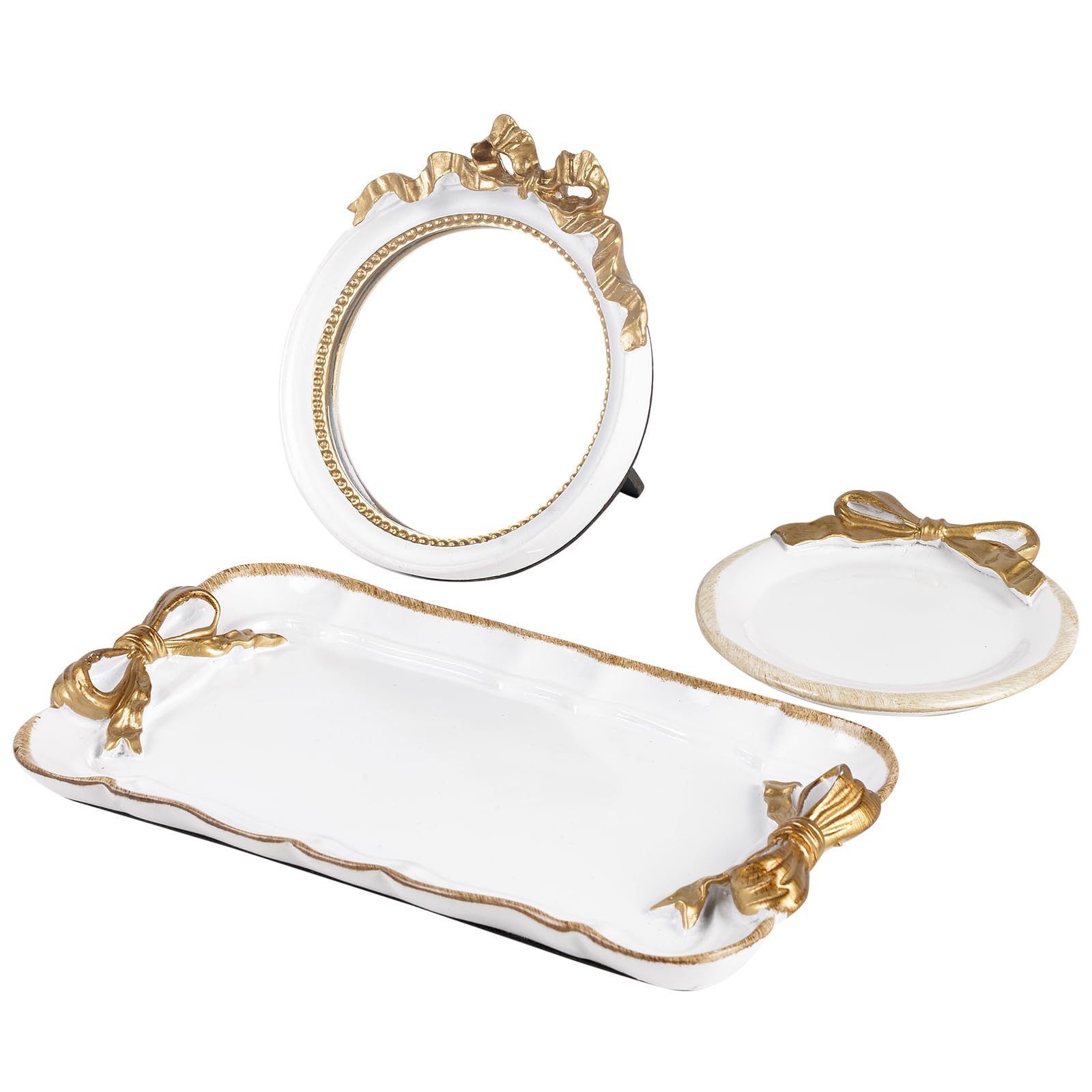 Vanity Tray Coquette Decor - 3 Pcs Decorative Perfume Tray Set, Jewelry Tray & Bow Makeup Mirror & Vanity Tray, Gold Perfume Tray Organizers, Coquette Vintage Decor