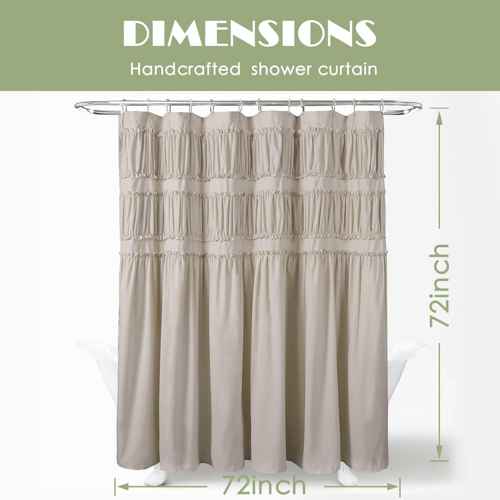 Ruched Ruffled Shower Curtain 72" W x 72" H, Microfiber Rustic Decorative Bath Curtain Boho Décor