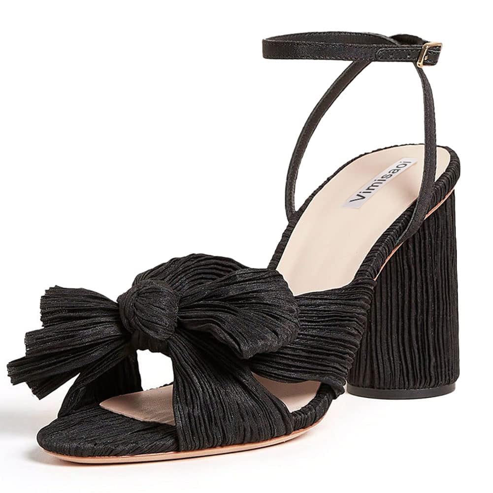 Women's High Block Chunky Heel Sandals Fashion Open Toe Ankle Buckle Strap Pleated Bow Heel