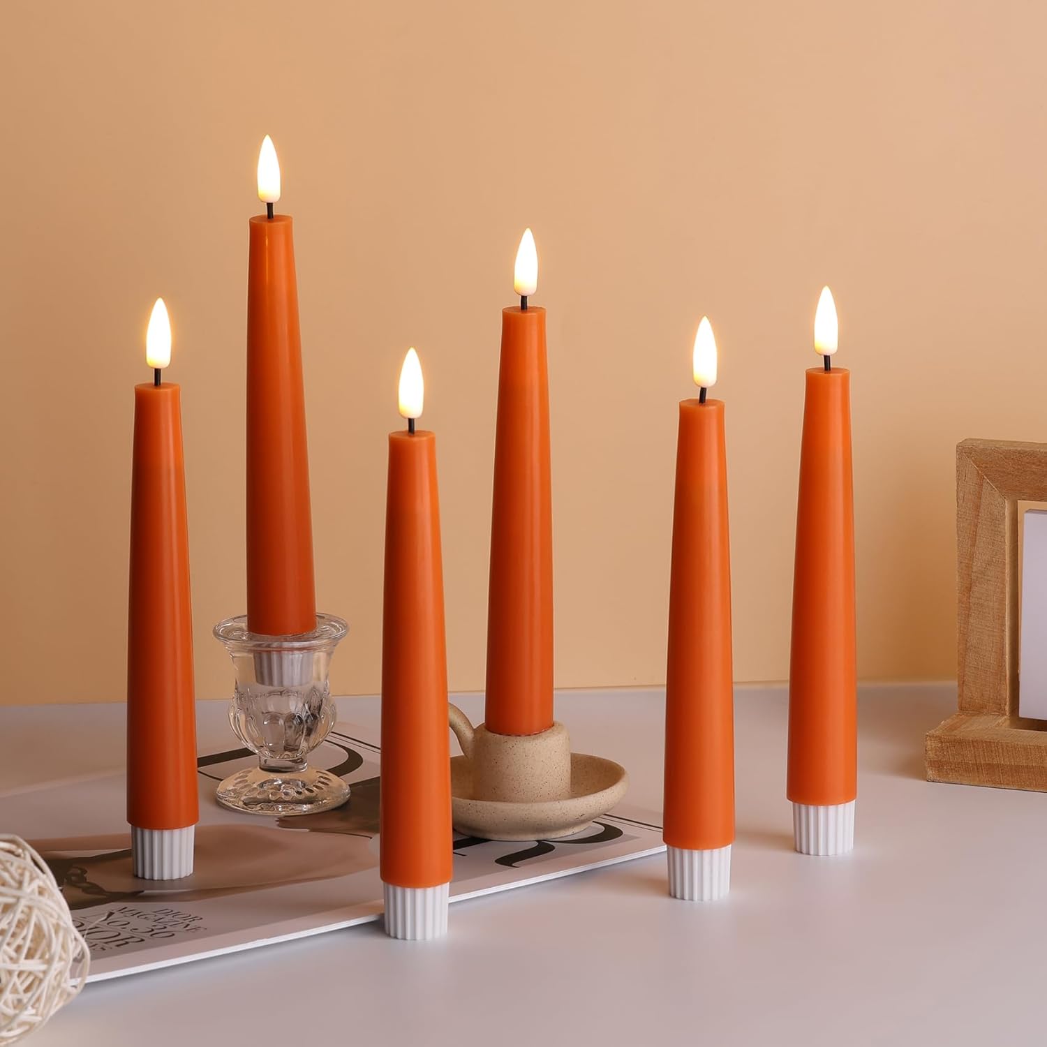 Short Flameless Taper Candles with Remote, Flickering Battery LED Wax Candlesticks Set of 6