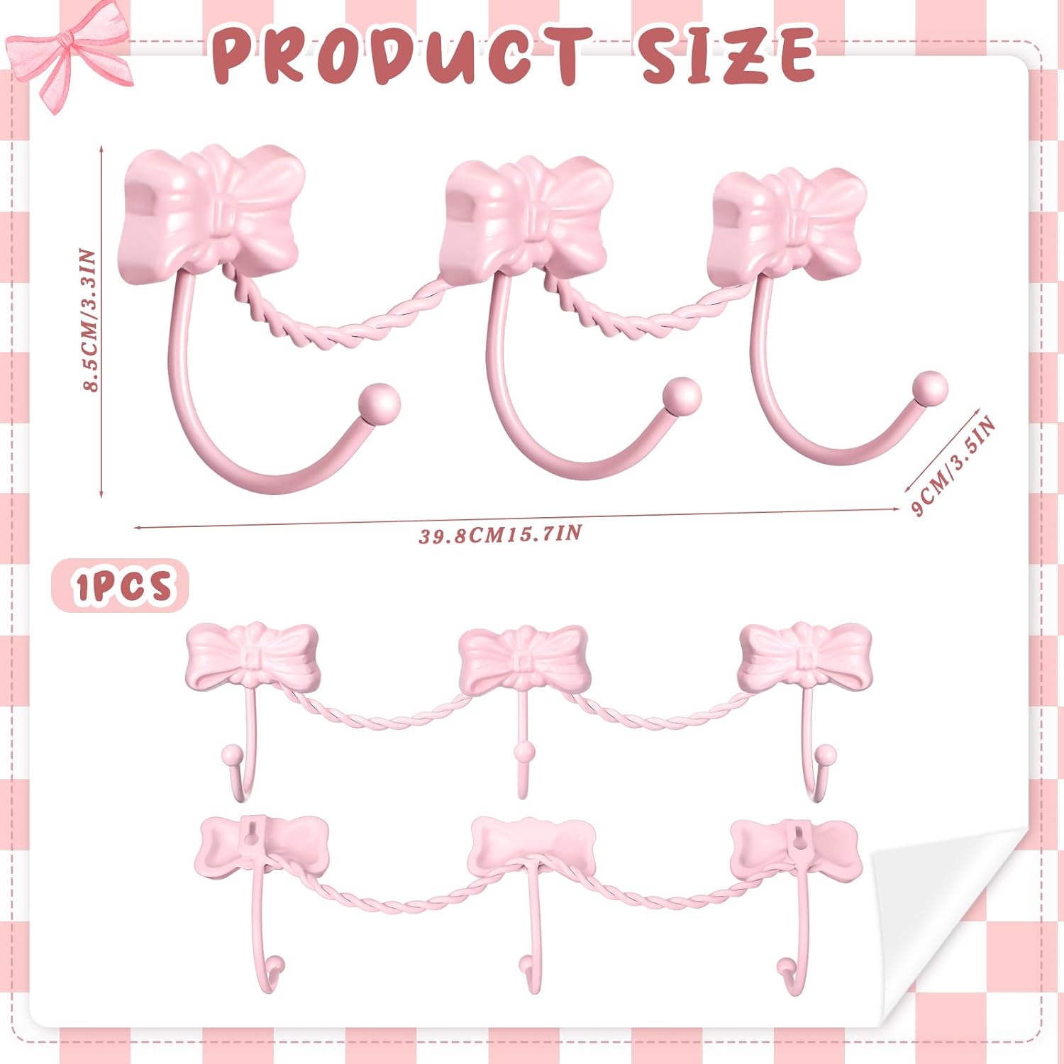Pink Bow Wall Hooks Hanger for Towel Bag Coat Coquette Pink Bow Wall Decorative with Three Hooks Iron for Living Room Bathroom Bedroom Shower