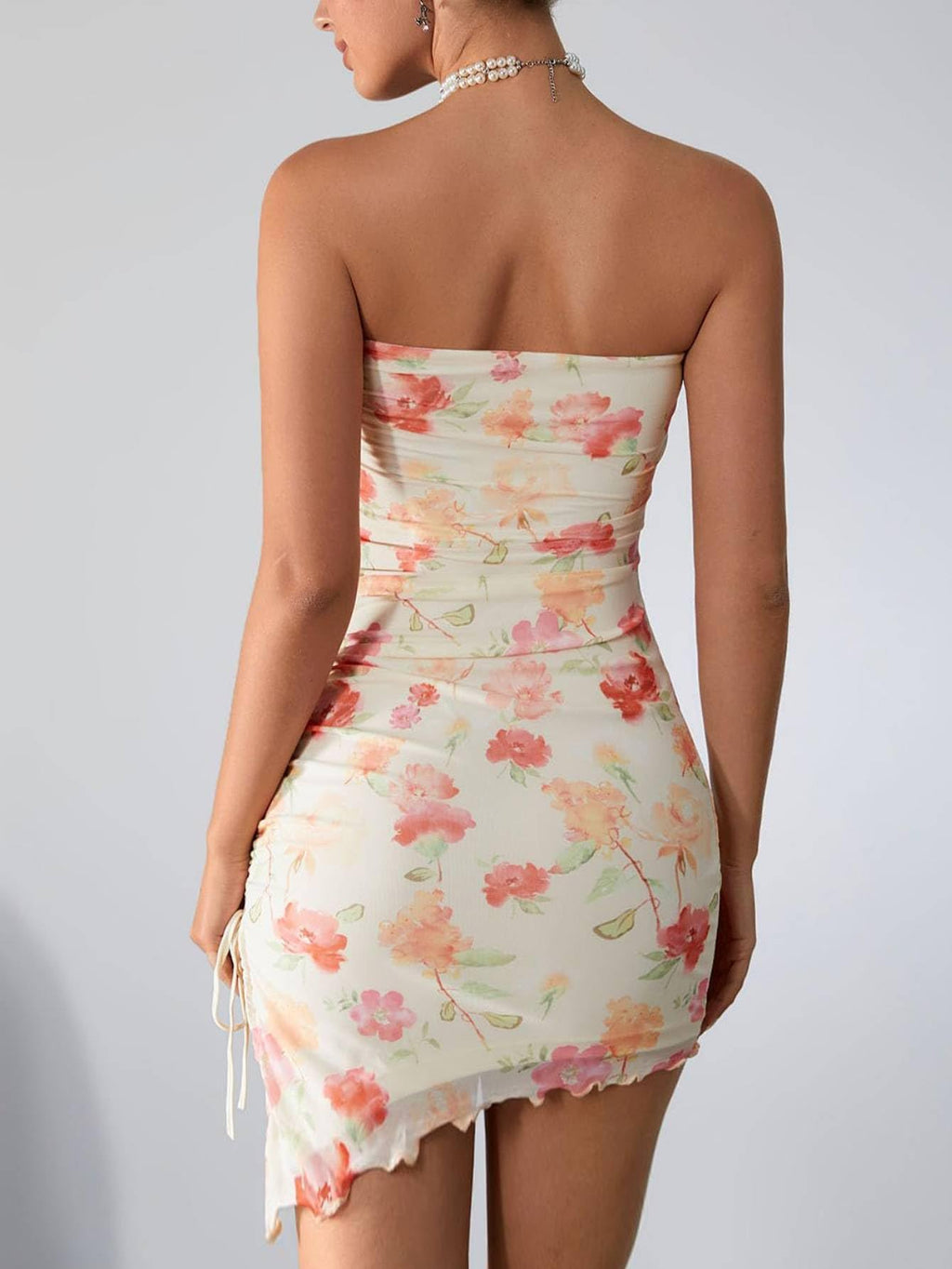 Women's Boho Floral Mini Tube Dress Ruched Asymmetrical Bodycon Dresses