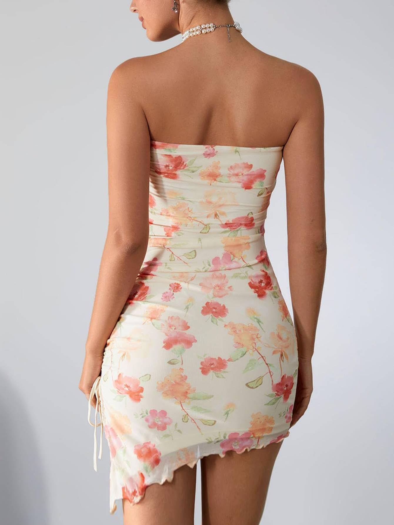 Women's Boho Floral Mini Tube Dress Ruched Asymmetrical Bodycon Dresses