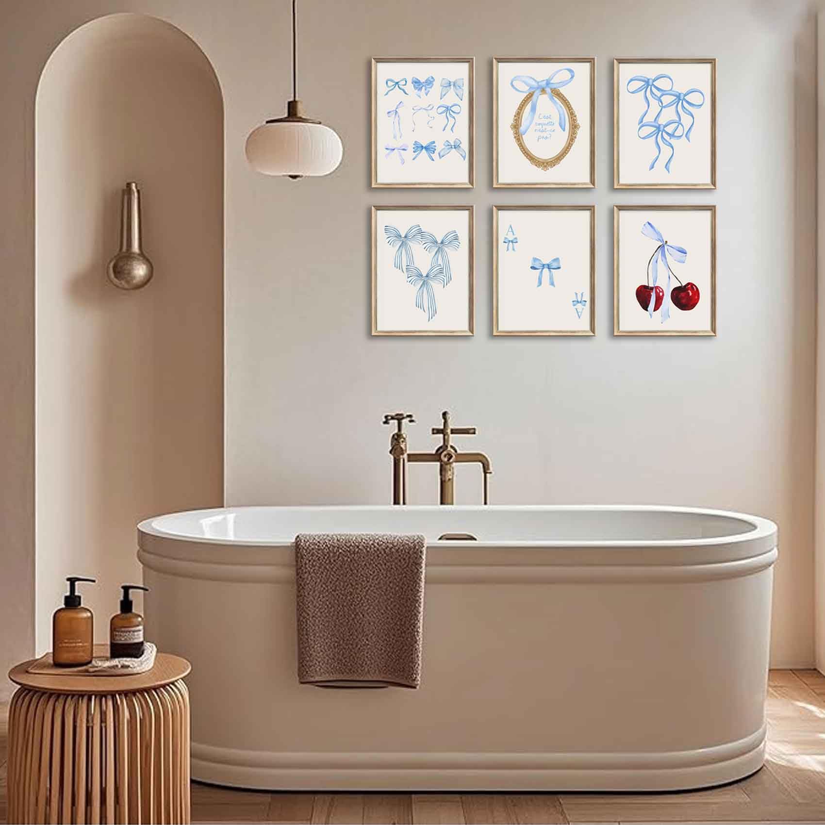 Coquette 6pcs Blue Bow Canvas Wall Art Preppy Decor Trendy Red Cherry Mirror Posters Room Decoration Unframed