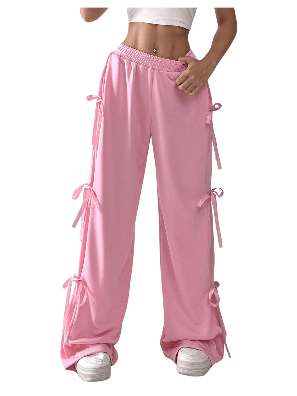 Women's Bow Wide Leg Sweatpants Elastic Waist Casual Baggy Pants with Pocket