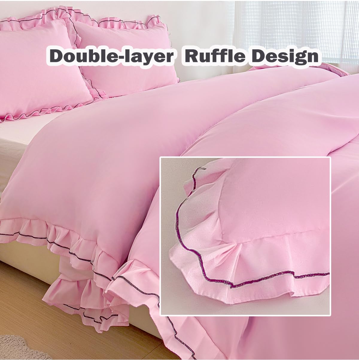 Chic Lace Bedding Set with Double Ruffle - 3 Pieces Luxury Princess Style Comforter Cover Soft Breathable