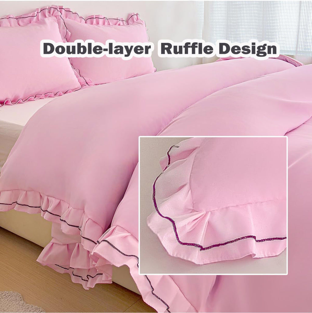 Chic Lace Bedding Set with Double Ruffle - 3 Pieces Luxury Princess Style Comforter Cover Soft Breathable