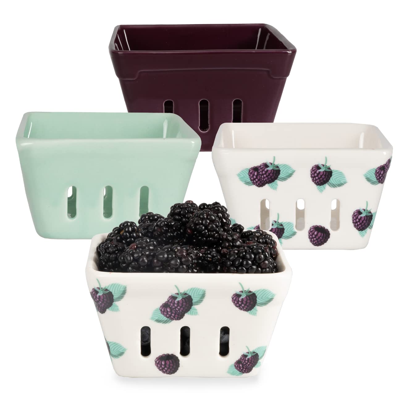 Ceramic Berry Basket, Standard Capacity, Fruit & Vegetables Set of 4 Berry Bowls, 2 Patterned, 2 Solid