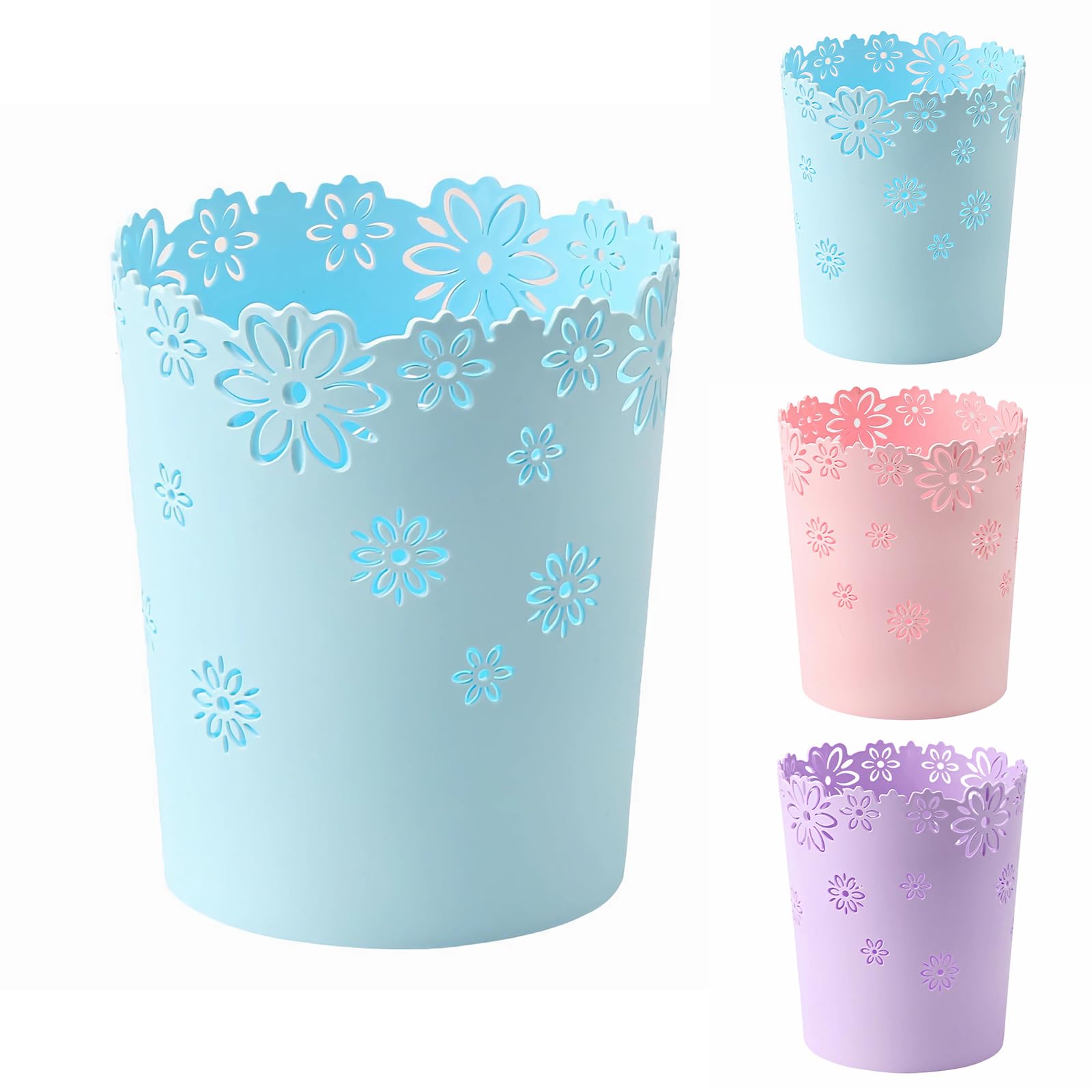 Mini Wastebasket Small Trashcan Room Decor Hollow Flower Shape Plastic Lidless Round Garbage Container Bin for Bathroom, Kitchen, Bedroom, Home Office, College Dormitory