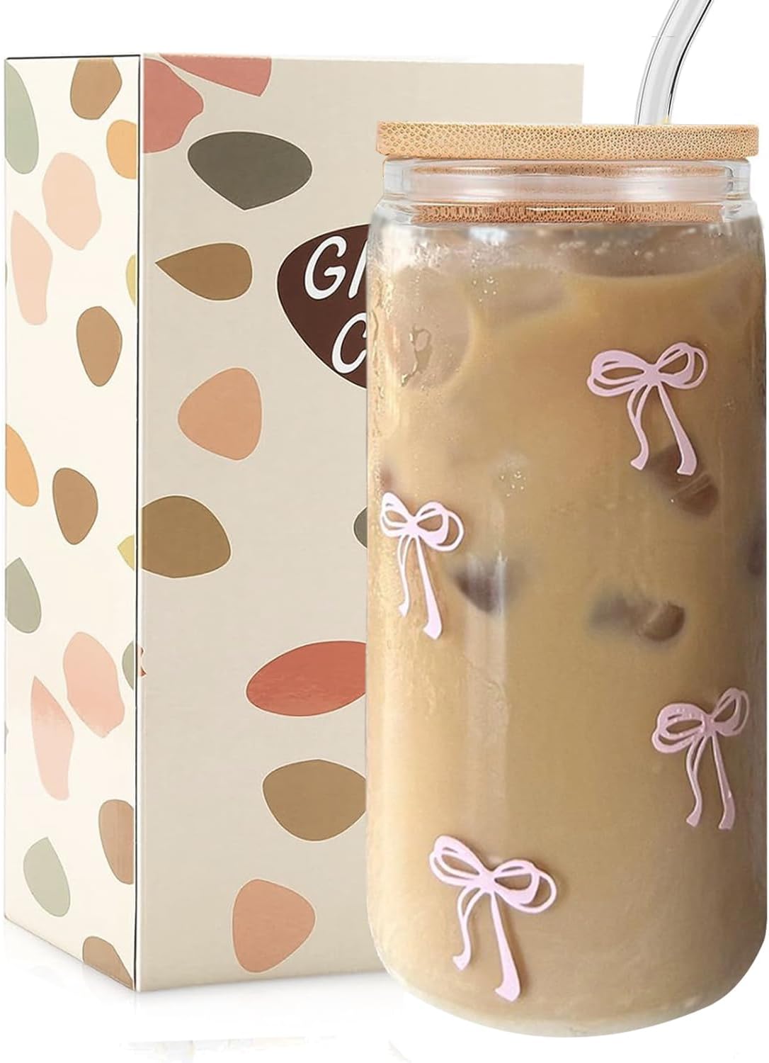 Coquette Aesthetic Glass Cup with Lid and Straw â€?Pink Bow Iced Coffee Tumbler, 16 oz, Includes Cleaning Brush and Gift Box