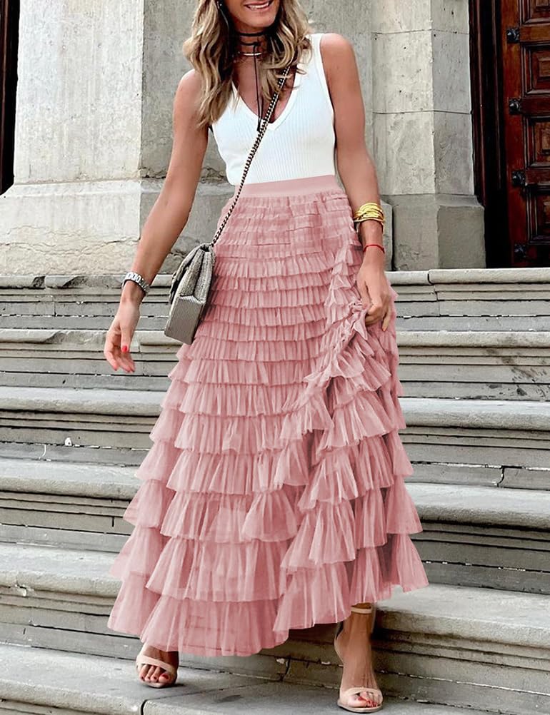 Long Tulle Skirt for Women Trendy High Waisted A Line Fluffy Fairy Mesh Layered Ruffle Skirt
