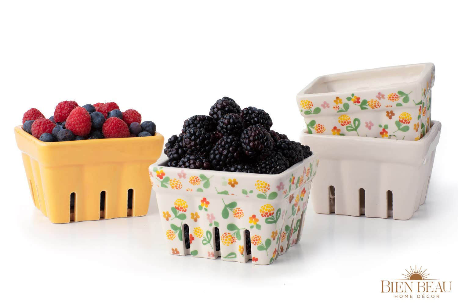 Farmhouse Ceramic Berry Basket, Colander, Fruit Decor, Fruit Bowls/Baskets, Kawaii Kitchen Bowl Fruit Pattern Stoneware Harvest Square Bowls Set of 4