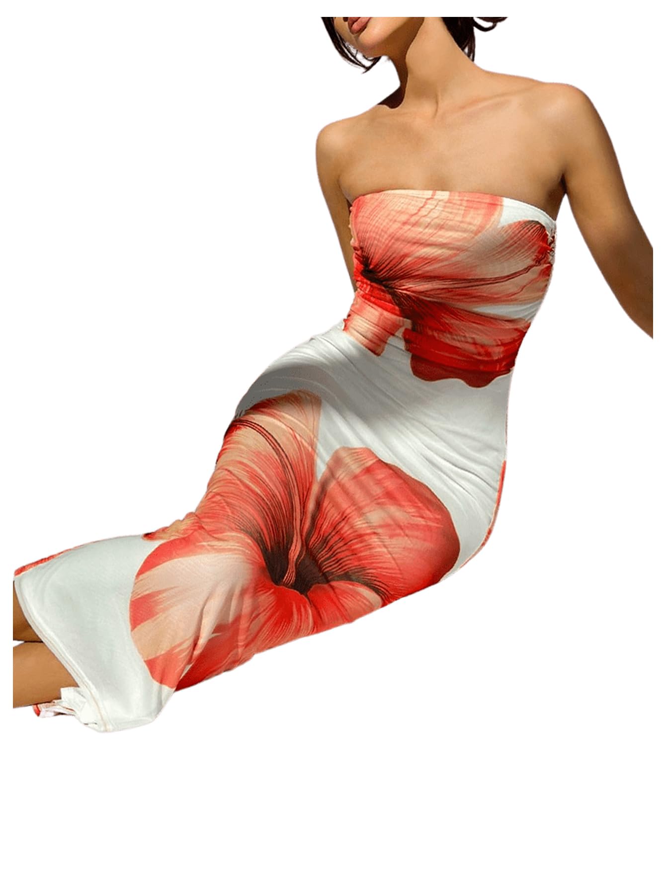 Women's Floral Strapless Bodycon Maxi Dress Summer Tube Top Dresses